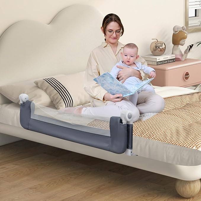 BABY JOY Double Sided Bed Rail Guard, 2 Pack, Extra Long, Swing Down for Convertible Crib, Folding Baby Safety Bedrail for Kids Twin Full Size Queen King Mattress, Rails for Toddlers (Dark Gray, 48")