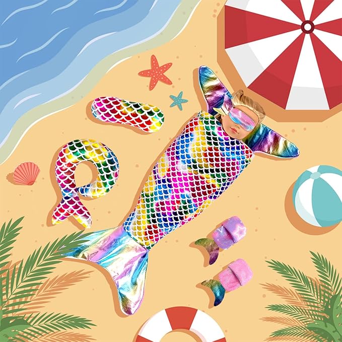 K.T. Fancy 8pcs Girl Doll Clothes and Accessories Sleeping Bag Mermaid Tail Dresses and Bikini Outfit Clothes Fits 18 Inch Girl Doll