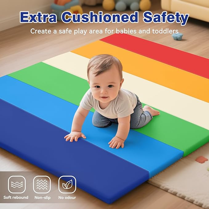 Foam Baby Play Mat: PU Leather Waterproof Kids Playmat - Trifold Floor Mat - Large Play Mat for Playpen Thick Pad Fodable Mattress Soft Toddler Mattress Infant Cushion for Preschool (Rainbow)