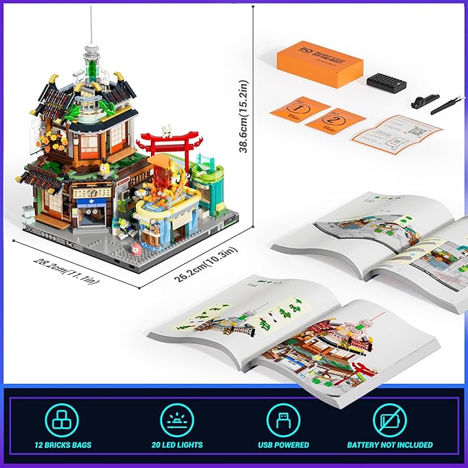 FUNWHOLE Cyberpunk Japanese-Izakaya Lighting-Building-Bricks Set - Cyberpunk Neon City Future Pub Japanese Street View House Collection LED Light Model Set 1987 Pcs for Adults and Sci-fi Lovers