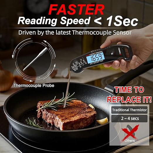 Professional Food & Meat Thermometer, 1 Sec Instant Read & ±0.5℉ Accuracy Driven by Thermocouple Sensor. IP67 Waterproof Digital Thermometer for Cooking, BBQ, Grill Gifts for Men Him Dad Birthday