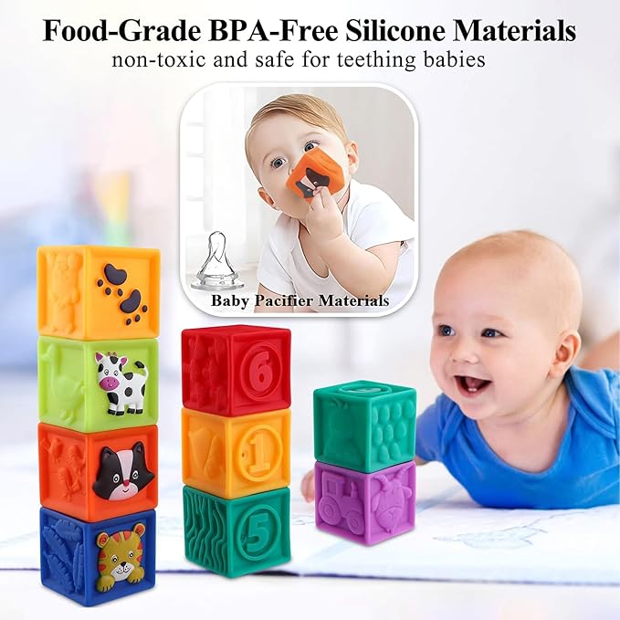 Kingtree Baby Blocks, 9PCS Soft Squeeze Building Blocks Stacking Toys for 6+ Months Babies, Baby Teething Chewing Educational Blocks Set with Numbers Animals Shapes Textures