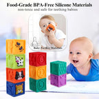 Kingtree Baby Blocks, 9PCS Soft Squeeze Building Blocks Stacking Toys for 6+ Months Babies, Baby Teething Chewing Educational Blocks Set with Numbers Animals Shapes Textures