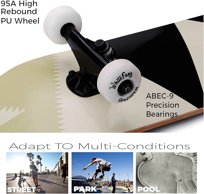 WhiteFang Skateboards for Beginners, Complete Skateboard 31 x 7.88, 7 Layer Canadian Maple Double Kick Concave Standard and Tricks Skateboards for Kids and Beginners