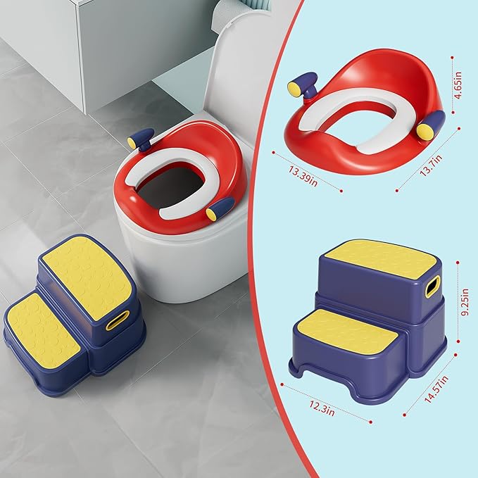 Potty Training Toilet Seat with Kids Step Stool Anti-Slip Toddler Potty Seat with Soft Cushion, Baby Potty Training Set Toddlers Toilet Seat for Boys and Girls (DarkBlue)
