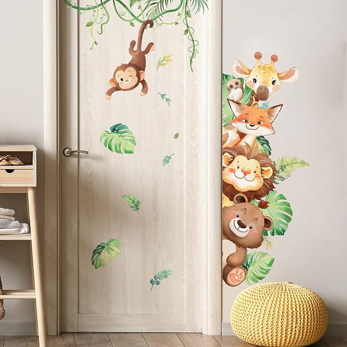 Tanlaby Jungle Animals Wall Stickers Cartoon Safari Animal Wall Decals Fox Bear Lion Monkey Tropical Leaves Art Decor for Baby Nursery Kids Playroom Bedroom