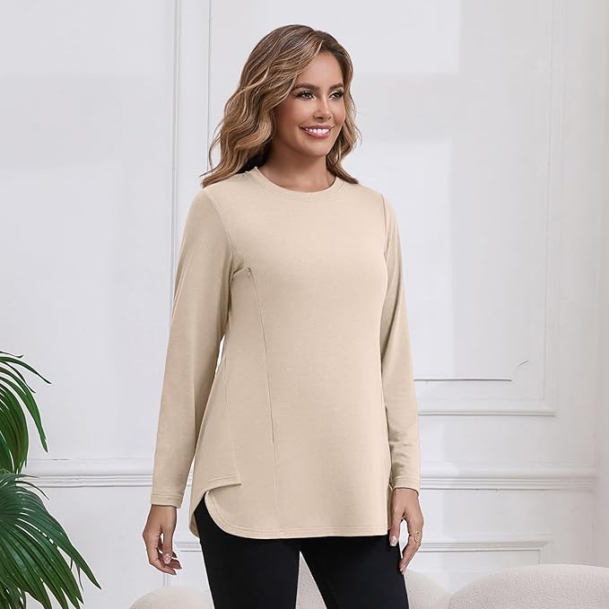 GINKANA Women's Nursing Shirts Long Sleeve 3 Packs Hidden Zipper Breastfeeding Pumping Tops Side Split Maternity Clothes