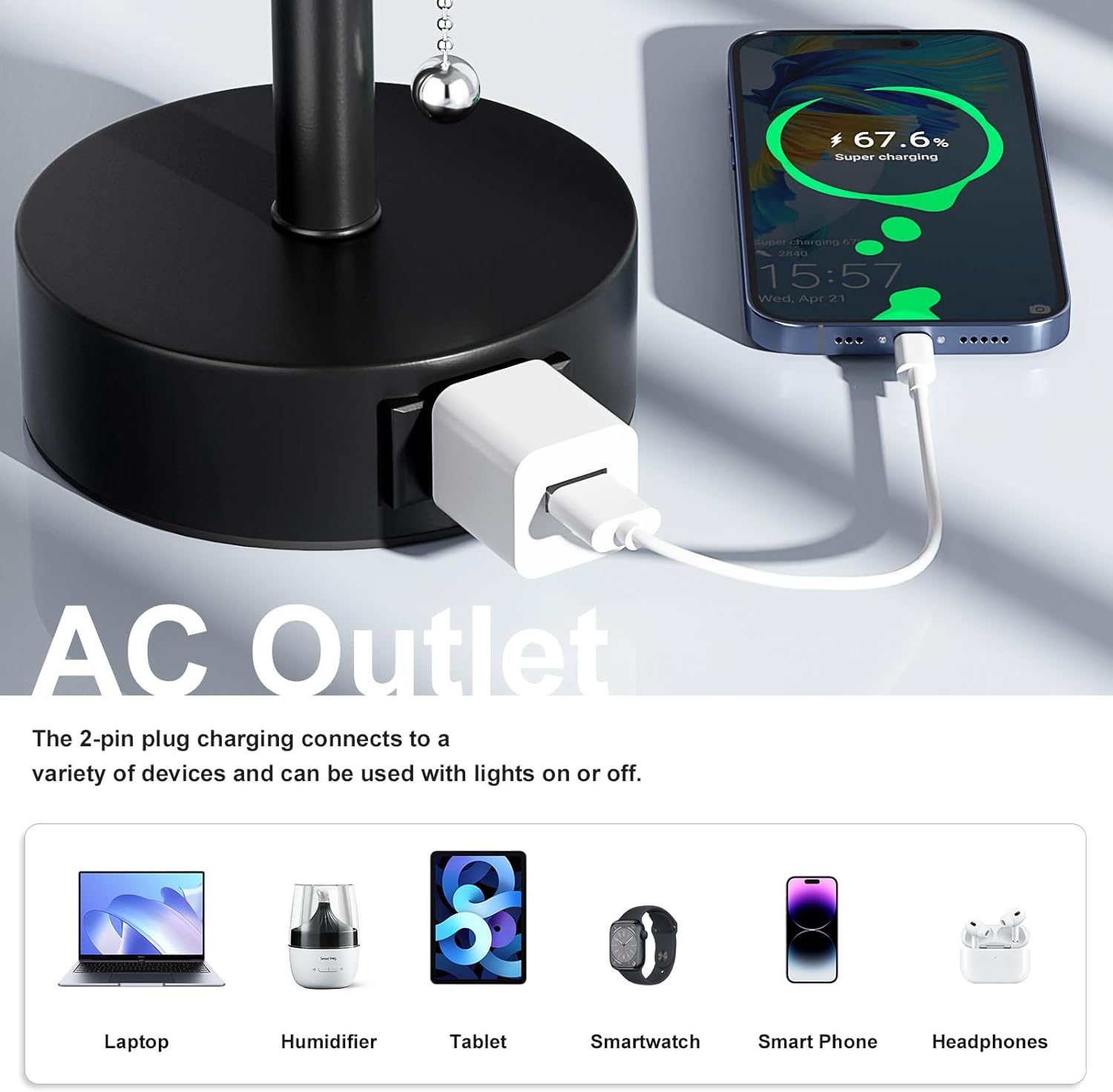 Black Bedside Table Lamps Set of 2-3 Color Temperatures Pull Chain Lamp with AC Outlet Charging Port, Round Night Stand Lamps for Bedroom Office, Small Bed Side Light with E26 LED Bulbs