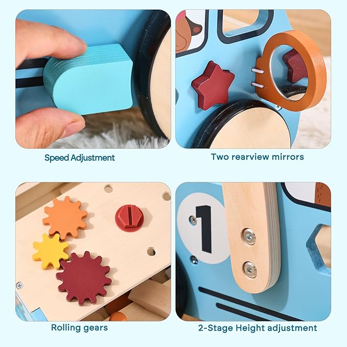 OESSUF 2-in-1 Wooden Baby Walker with 40 PCS Tool Toys – Baby Push Walker for 6-12 Months, Activity Center for Toddlers Aged 1-3 Years, Montessori Toy for Boys and Girls (Blue)