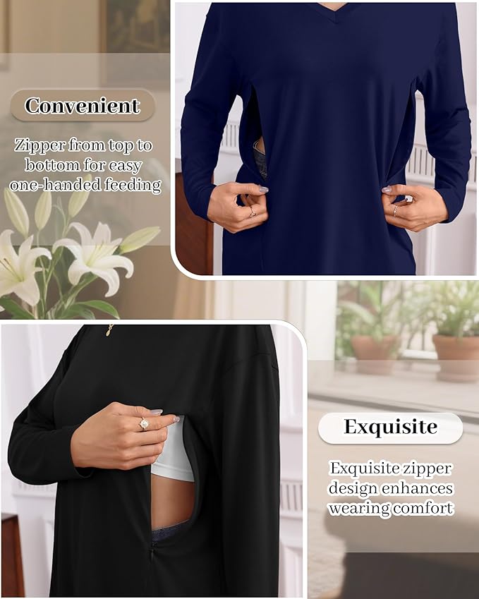 3 Pack Women's Oversize Nursing Shirts for Breastfeeding with Hidden Zippers Loose Fit Long Sleeve Maternity Tops