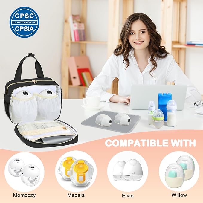 PIIOSER Insulated Baby Bottle Bag with Ice Pack, Breastmilk Cooler Compatible with Wearable Breast Pumps & Accessories - Breastfeeding On The Go Travel for Nursing & Working Moms, Black