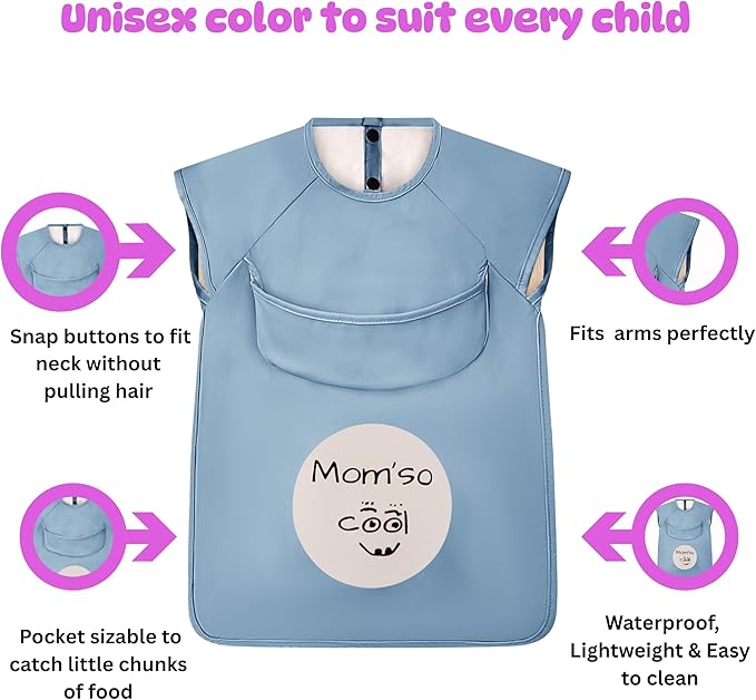 Mom'so cool bib set, Cool baby blue color for both boys & girls, Aged 6-months old and above, Waterproof, Lightweight & Multi-purpose (All-in-one)