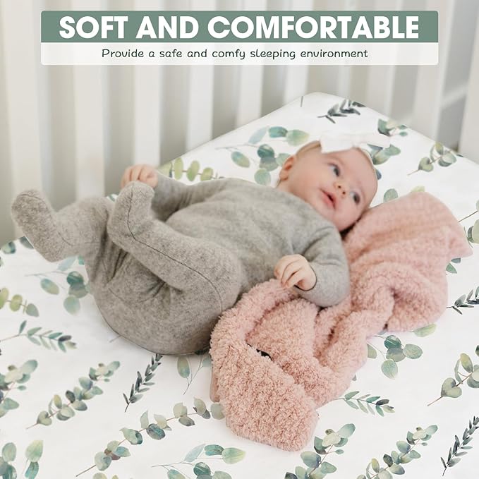 Bimocosy Crib Sheets for Boys Girls, Fitted Crib Sheet 4 Pack for Standard Crib and Toddler Mattresses, Super Soft Breathable Microfiber Baby Sheet 28x52x8in, Leaf/Bear/Gray/Green