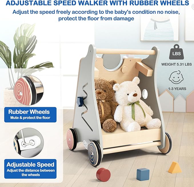 Baby Push Walker with Detachable Busy Board, Wooden Baby Walker with Adjustable Speed Wheels, Montessori Push Walker for Babies, Push Walking Toys for Boys & Girls 1 Year Old, Gifts for Toddler