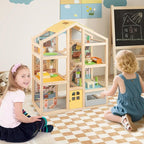 Costzon Wooden Dollhouse for Kids, Modern Family Pretend Playhouse w/Furniture Pieces & Figures, DIY Play House Toy w/Garage & Openable Door for Girls & Boys Ages 3+