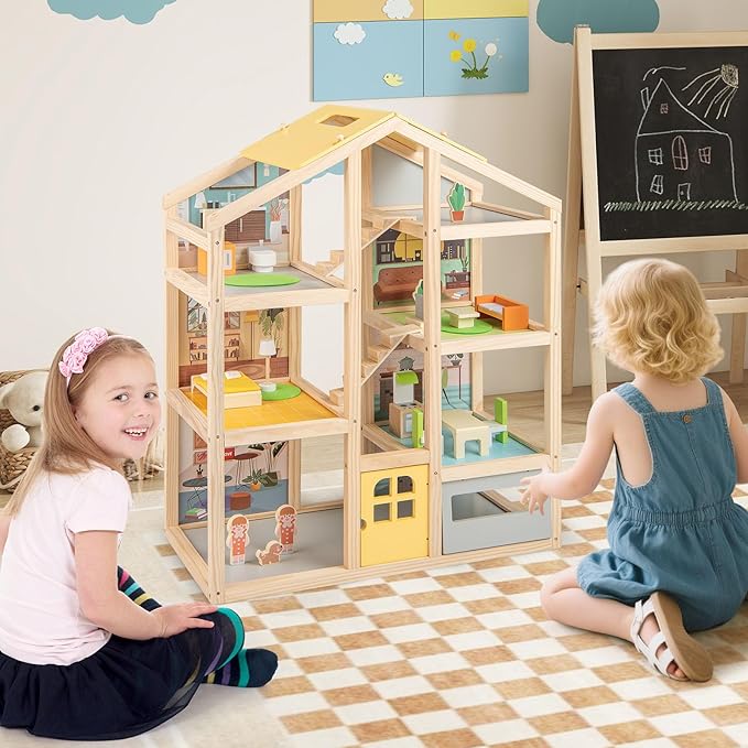 Costzon Wooden Dollhouse for Kids, Modern Family Pretend Playhouse w/Furniture Pieces & Figures, DIY Play House Toy w/Garage & Openable Door for Girls & Boys Ages 3+