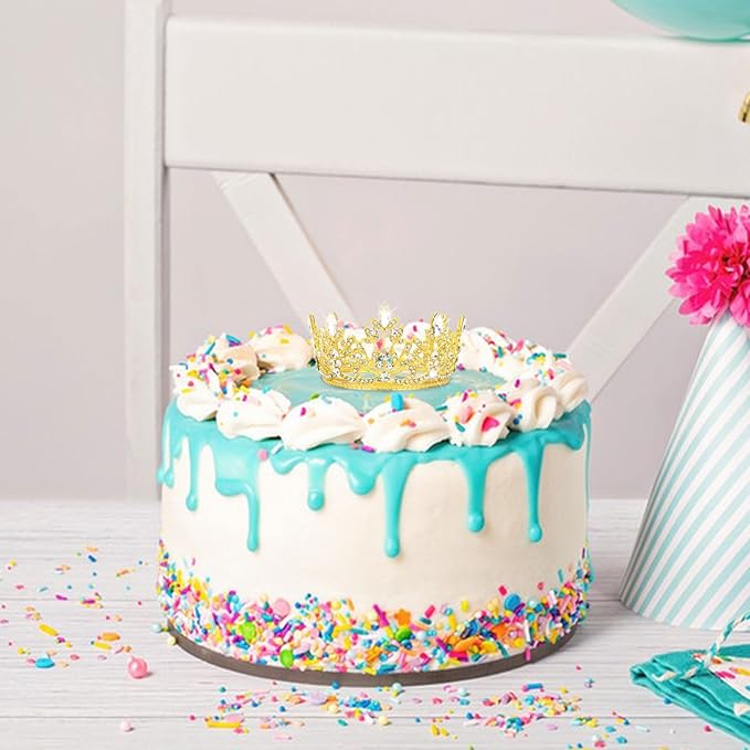 CAVETEE Mini Crown Cake Topper, Small Princess Tiara Crystal Crown Flower Bouquets Accessories for Cake Topper, Flower Arrangements and Decorations (gold)