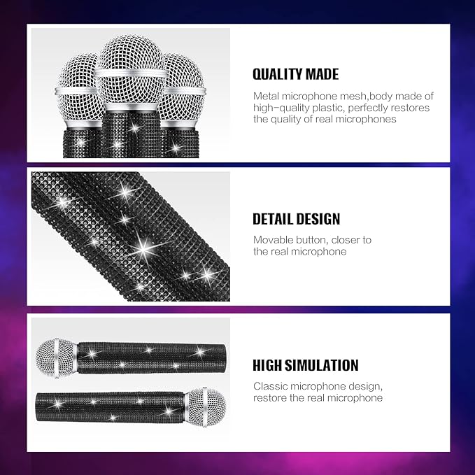 Sanwuta Fake Microphone Prop Sparkly Bling Rhinestones Plastic Play Microphone Pretend Glitter Bedazzled Mic for Cosplay Party Costume(Black)