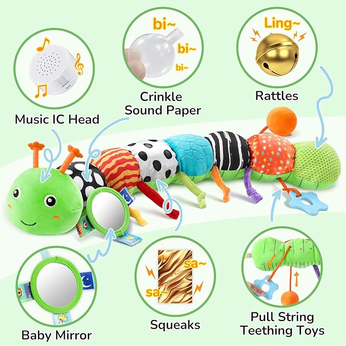 Baby Toys 6-12 Months Music Caterpillar Infant Toys Stuffed Animals 0-3-6 Months Tummy Time Teething Sensory Toys with Mirror Rattle&Pull String for Boys Girls Birthday Gifts|Green,Knot Limb