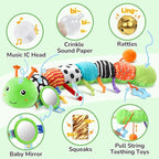 Baby Toys 6-12 Months Music Caterpillar Infant Toys Stuffed Animals 0-3-6 Months Tummy Time Teething Sensory Toys with Mirror Rattle&Pull String for Boys Girls Birthday Gifts|Green,Knot Limb