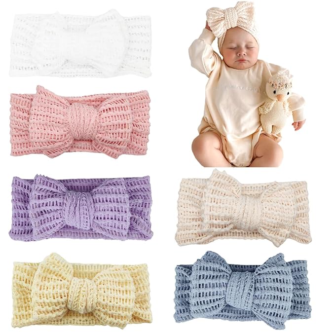 Handmade Baby Headbands Stretchy Waffle Hair Bands with Bows for Newborn Infant Baby Toddler Girls Headwrap Hair Accessories (STYLEA-02, MEDIUM)