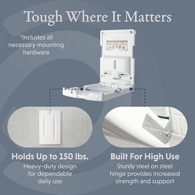 Foundations Classic Vertical Baby Diaper Changing Station, Wall Mount, Built in Liner Dispenser, One Handed Adjustable Safety Strap, Light Gray (100-EV)