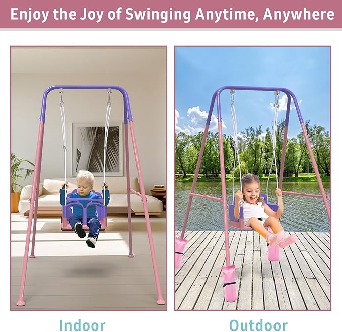 Foldable Toddler Swing Set, Indoor & Outdoor Baby Swing Set for Backyard, Safe and Durable Design, Grow with Your Child (Pink)