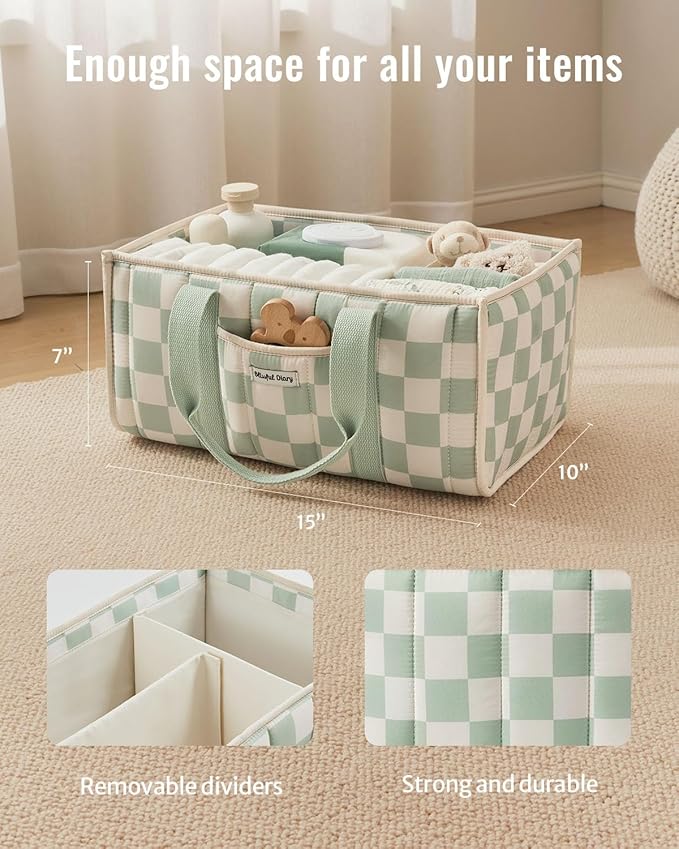 Blissful Diary Checkered Diaper Caddy Organizer, Stylish Nursery Storage Basket, Gift for Baby Shower, Newborn Essentials, Registry Search Must Haves, Sage Green