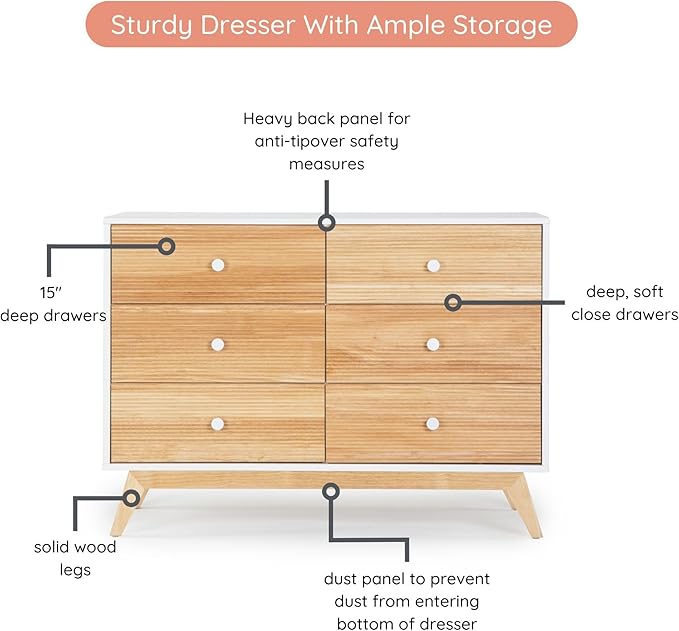 dadada Baby Merry 6-Drawer Dresser – Modern Nursery Dresser with Natural Wood Fronts, Soft-Close Drawers, Anti-Tip Safety Kit, Baby-Safe Finish – Spacious Storage for Nursery & Home (White/Natural)