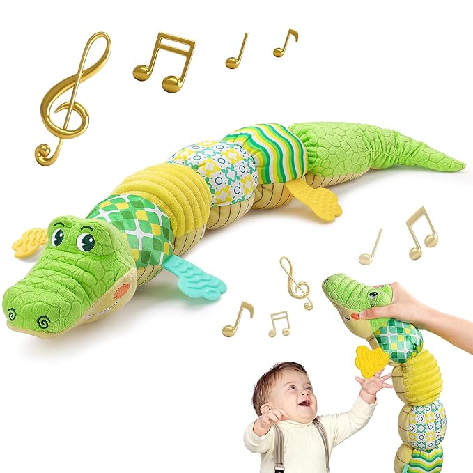 Sumobaby Baby Toys Musical Crocodile, Stuffed Animal Activity Soft Toys with Teether,Multi-Sensory Crinkle, Rattle and Textures, for Tummy Time Baby Toys 0 to 12 Months Boys, Girls, Alligator (Green)