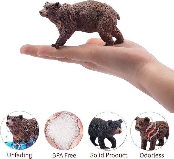 Toymany 6PCS Bear Figurines, Realistic Forest Animals Bear Family Figures Toy Set Includes Brown Bears Black Bears and Cubs, Education Toy Birthday for Kids Toddlers