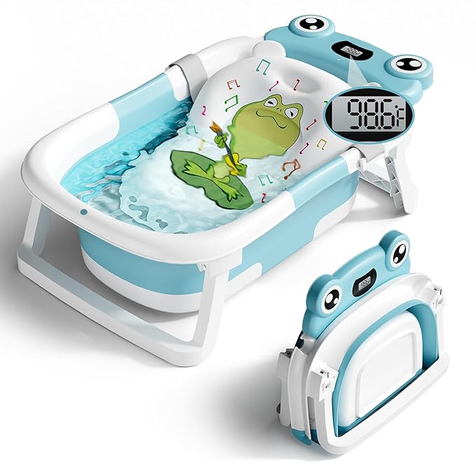 Baby Bathtub, Collapsible Newborn Bathtub for Infant to Toddler 0-24 Months with Soft Bath Net,Portable Travel Newborn Tub with No-Slip Feet, Baby Shower Gifts,Sky Blue