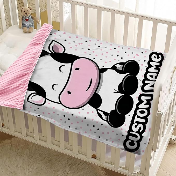 Personalized Baby Blankets for Girls, Custom Name Cow Pattern Baby Blanket, Soft Minky Dot Blanket for Newborns and Toddlers, Ideal for Baby Showers Christmas Brithday Gifts
