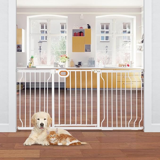 Stair Baby Gate 57-66 Inch, Extra Wide Safety Gate for Baby Pet Adjustable Dog Gates Indoor Extra Wide Gates Pressure Mounted for Toddler Pet for House Stairway Doorway White (30.5'' Tall)