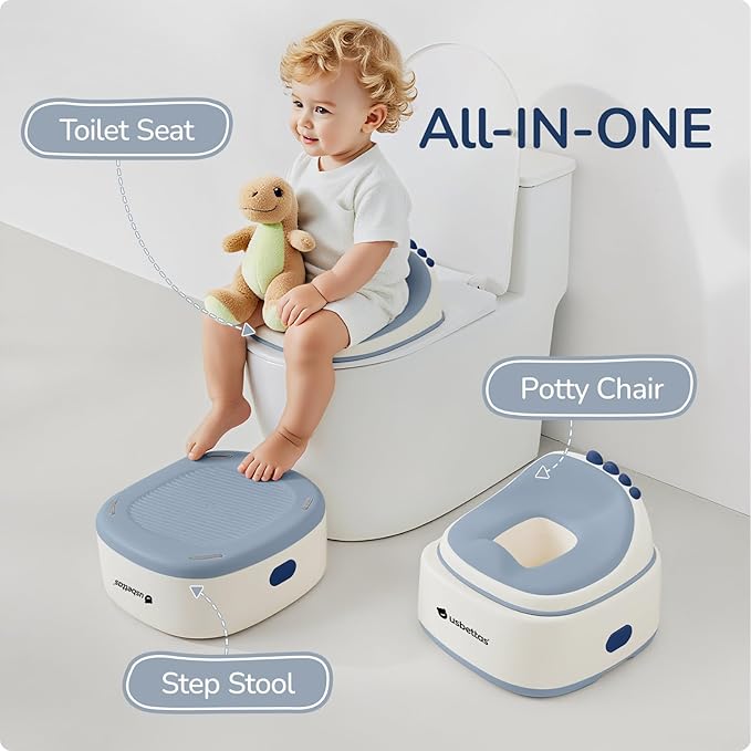 3 in 1 Potty Training Toilet, Dinosaur Toddler Potty Training Seat for Boys Girls with Comfortable Cushion, Easy-to-Clean and Anti-Slip Potty Training Step Stool for Toilet (Blue)