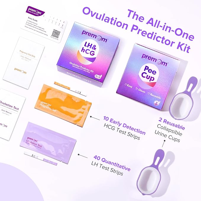 Premom Quantitative Ovulation & Pregnancy Test Kit: 40 LH Strips + 10 HCG Strips + 2 Reusable Urine Cups | at-Home Fertility Test for Women | Smart Digital Ovulation Reader App