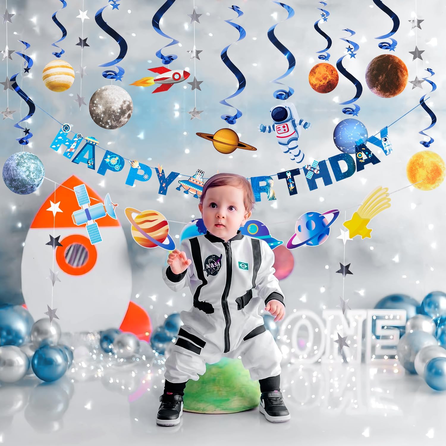 Pre-strung Birthday Party Decorations Outer Space themed Set, with 2 Banners, 10 Solar System Planet Swirl Streamers, Hanging Dazzling Star Garlands for Kids Teens Party Decoration Gifts