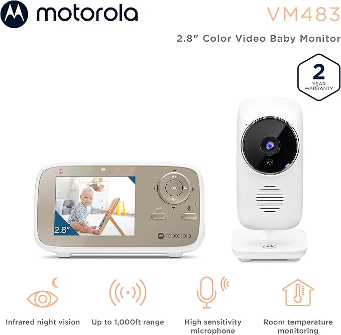 Motorola Nursery Baby Monitor with Camera and Audio, 2.8" Color Screen, Long Range VM483 with 2-Way Audio, Wireless, No WiFi, Remote Tilt/Zoom, Temperature Sensor, Night Vision