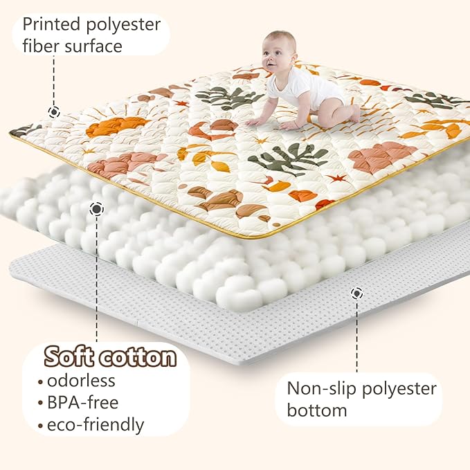Baby Play Mats for Floor, 71”x59” Upgraded Thickness & Larger Super Soft Playmat for Babies and Toddlers, Foldable Washable, Upgrade Anti-Slip Crawling Mat for Playpen(Boho Nature)