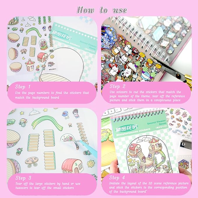 Dwpetzo 20 Sets DIY 3D Sticker Scenes for Adults with Tweezer, Cute 3D House Sticker Therapy for Girls Make Your Own Mini Room Scene Collection Book for Adult Kids Relief Stress Pass The Time
