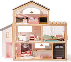 ROBOTIME Wooden Dollhouse, Doll House with 29 Pieces Furniture Set - Pool and Elevator, Wooden Doll House for 4, 5, 6-Inch Dolls, 6 Rooms Pink Dollhouse Gift for Kids Girls Ages 3+ (Black)