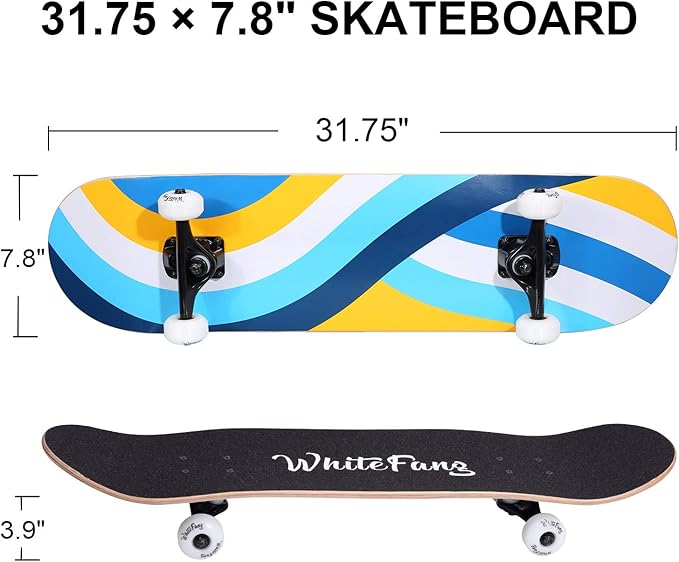 WhiteFang Skateboards for Beginners, Complete Skateboard 31 x 7.88, 7 Layer Canadian Maple Double Kick Concave Standard and Tricks Skateboards for Kids and Beginners