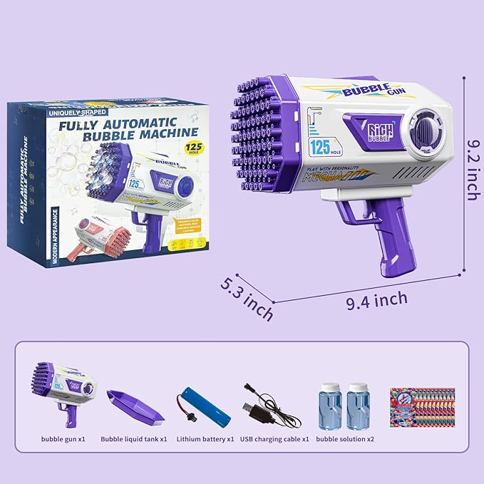 Bubble Gun, 125 Holes Bubble Machine Gun, Bubble Blaster Gun for Kids, Rechargeable Bubble Gun with Bubble Solution, Summer Toy Party Favors Bubble Maker for Wedding Birthday (Purple)