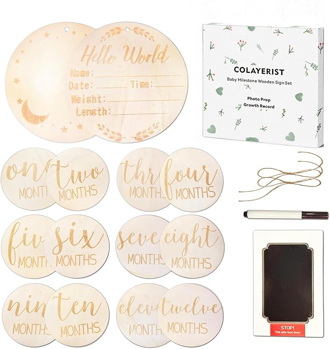 12PCS Baby Announcement Sign and Monthly Baby Milestone Set,Wooden Babys Monthly Milestone Classic Cursive Script, Hello World Newborn Sign with Ink Pad for Babys Photo Props