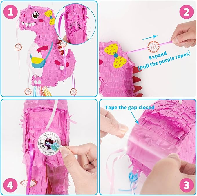 WERNNSAI Foldable Dinosaur Piñata - Pull String Dinosaur Birthday Party Supplies Extendable Piñata with Blindfold Bat and Tassels Dinosaur Birthday Decoration Pink Dinosaur Piñatas for Classroom Game