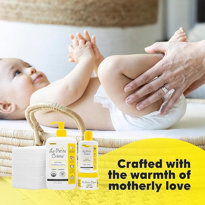 La Petite Creme Premium French Diapering Gift Set: Includes Organic Diapering Lotion (8 oz), Travel-size Liniment Baby Lotion (2 oz), 1 Travel-size Diaper Balm (1 oz), 50 Disposable Cotton Pads