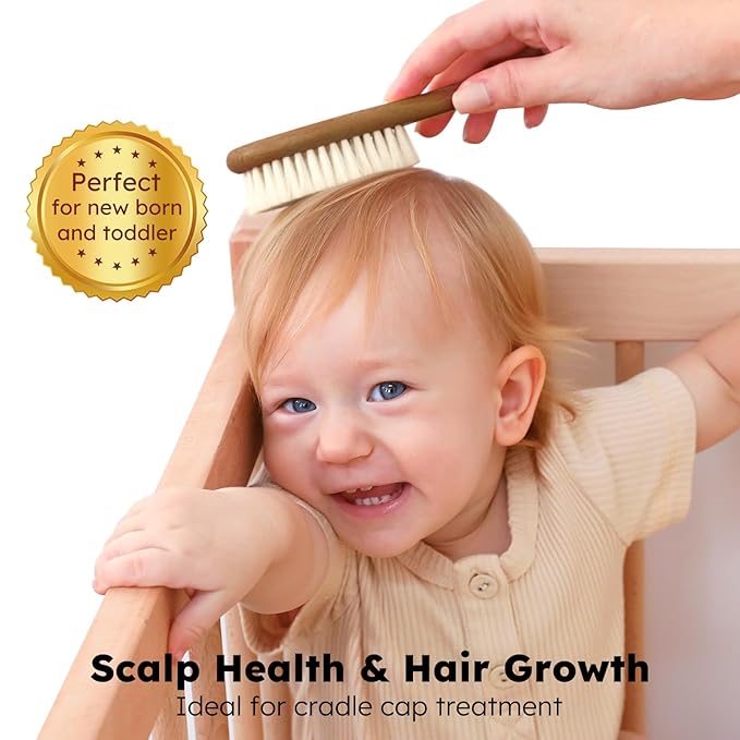 Yoofoss 4 Piece Baby Hair Brush and Comb Set, Wooden Baby Hair Brush with Natural Ultra Soft Goat Hair, Baby Comb Set for Boy, Girl - Walnut