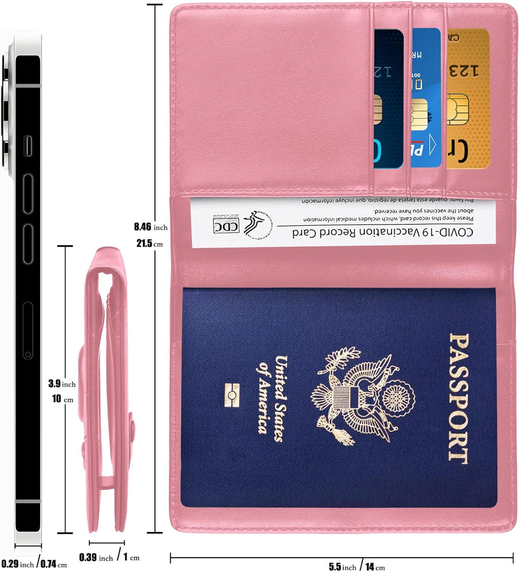 Passport Holder and Vaccine Card Holder Combo with Passport Cover Wallet Travel Passport Wallet Case for Men and Women(Pink)