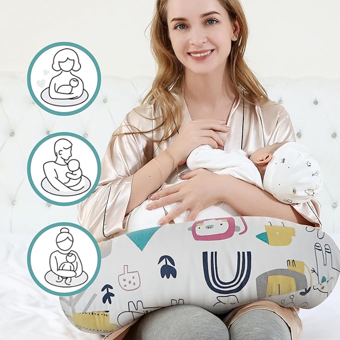 Nursing Pillow, Ergonomic Support Breastfeeding Pillow for Easier Breast Feeding and Bottle Feeding, Baby Feeding Pillow with Machine Washable Cotton Cover (Cartoon)