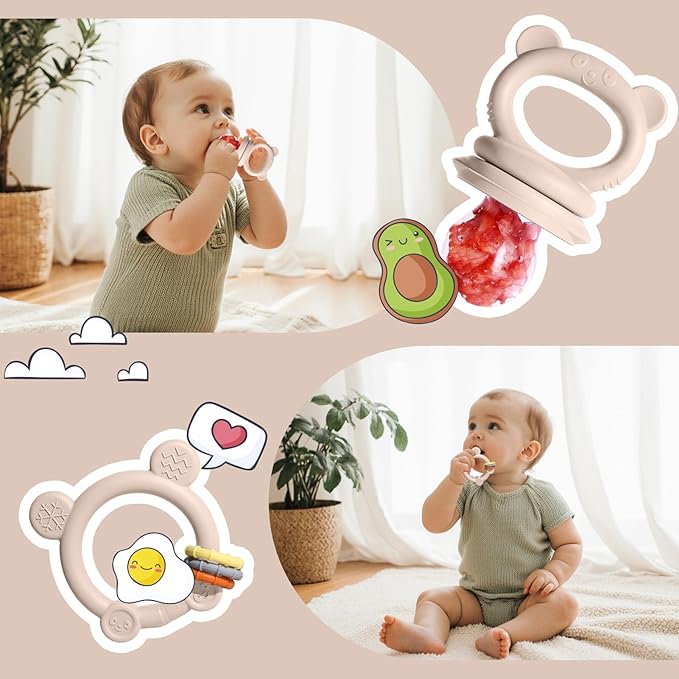 Baby Fruit Food Feeder & Breastmilk Popsicle Molds for Teething Relief, Baby Feeding Sets, 1 Freezer Tray with Lid & 1 Teether Toy & 1 Silicone Teething Pacifier Feeder, Extra Food Pouches (Beige)